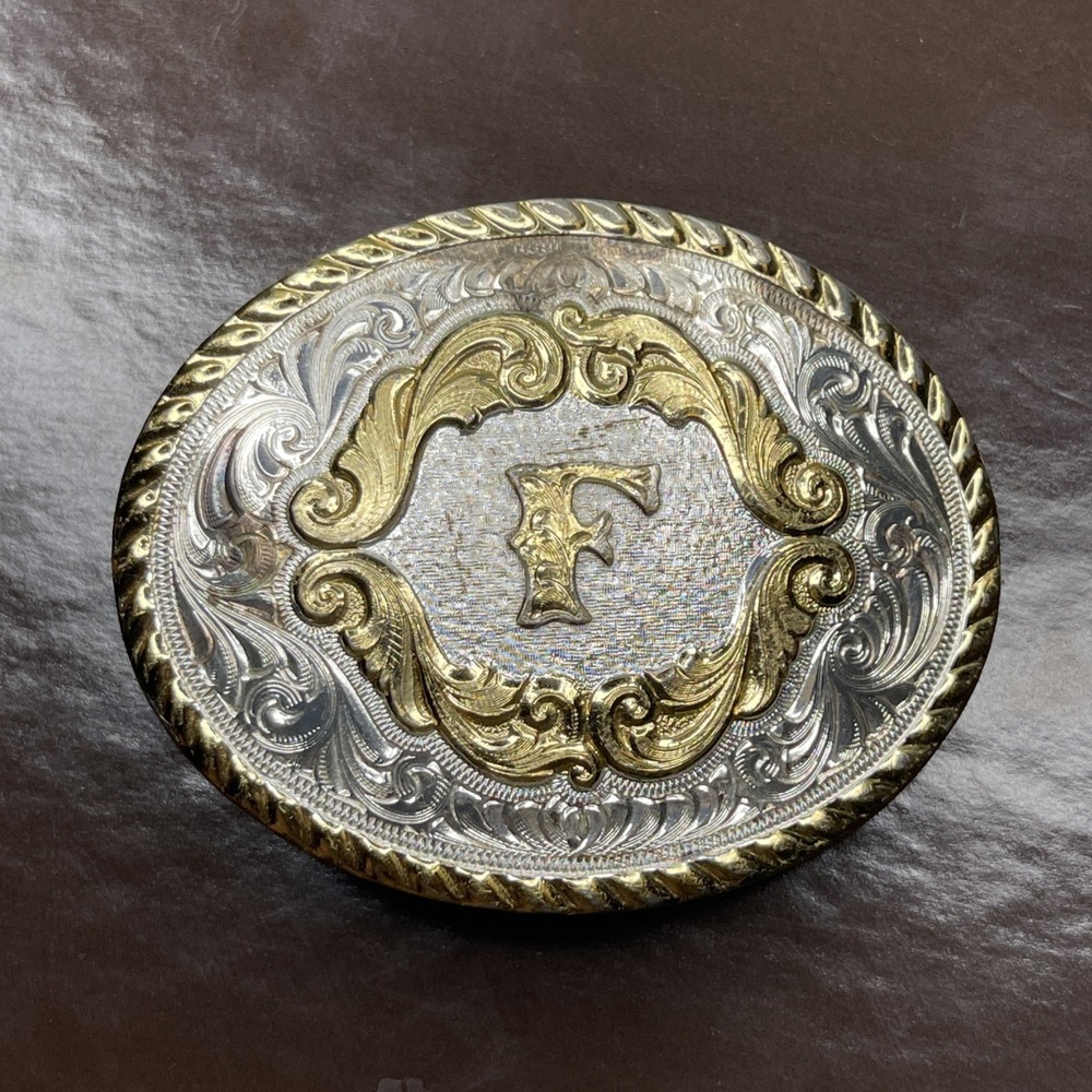 Montana Silversmiths Belt Buckle Western Engraved Initial F Silver Gold